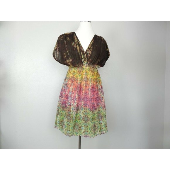 Etc Womens Dress Top L Short Sleeve Sheer Floral Brown Yello Pink Green NWT - Picture 3 of 10